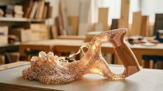 Artistic Hand Saw Transformed with Glittering Resin, Crystals, and Copper Accents in a Workshop Setting