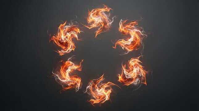 Fiery swirling flames arranged in circular pattern against transparent background