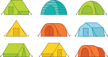  Outdoor camping tent icon collection featuring various colorful styles for hiking adventure tourism and wilderness survival recreation © MdJulfikar