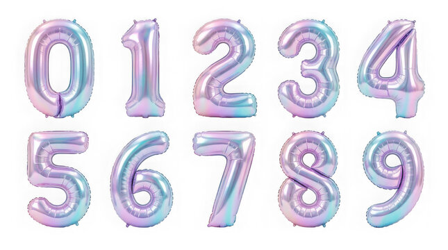 Set of shiny holographic numbers zero to nine for birthday party celebration and event decoration isolated on transparent background
