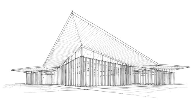 Striking contemporary building featuring an expansive, steeply pitched roof and a facade composed of numerous vertical slats, depicted in a precise black and white line drawing on a simple white.