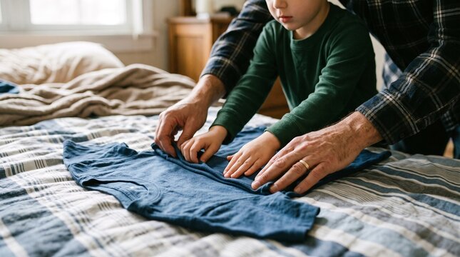 Father and son folding clothes together on a bed, teaching life skills and bonding