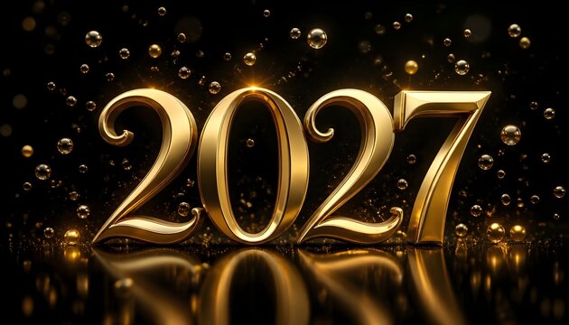  Elegant 2027 typography made from polished golden metal, surrounded by subtle champagne bubbles and glowing particles, black luxury background, premium 3D design.