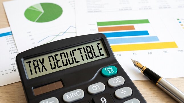 Tax Deductible Concept with Calculator, Financial Charts, and Pen on Desk