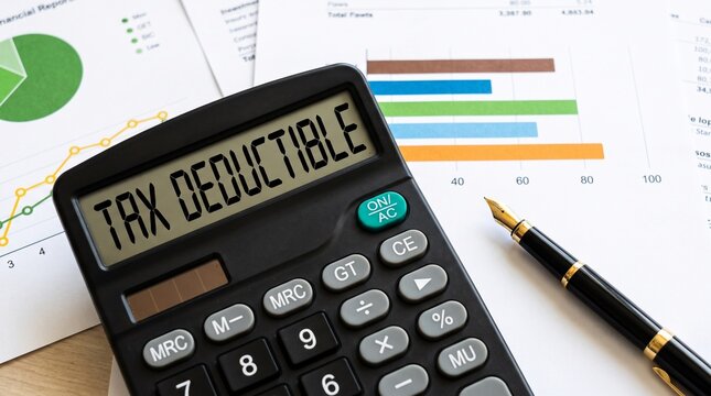Tax Deductible Text on Calculator Screen with Financial Graphs and Pen