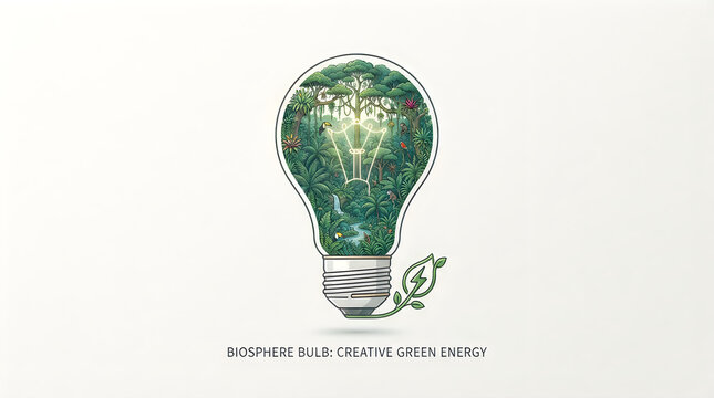 Light bulb containing dense rainforest ecosystem for sustainable green energy art.