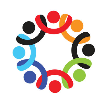 Abstract circular icon with colorful interconnected human figures in a unity design