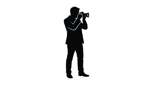 A photographer taking pictures is depicted in a black vector silhouette cameraman photography photojournalism