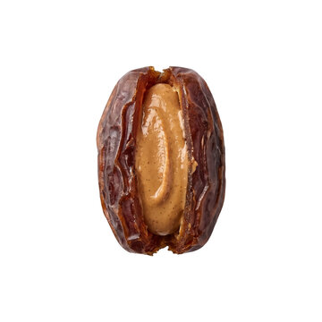 Stuffed date fruit filled with creamy peanut butter isolated studio macro shot on transparent background