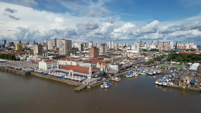 View of the historic Ver-o-Peso market in Belem, Para, Brazilian Amazon. The largest open-air market in Latin America, showcasing colonial architecture, vibrant local culture, and Amazonian commerce a