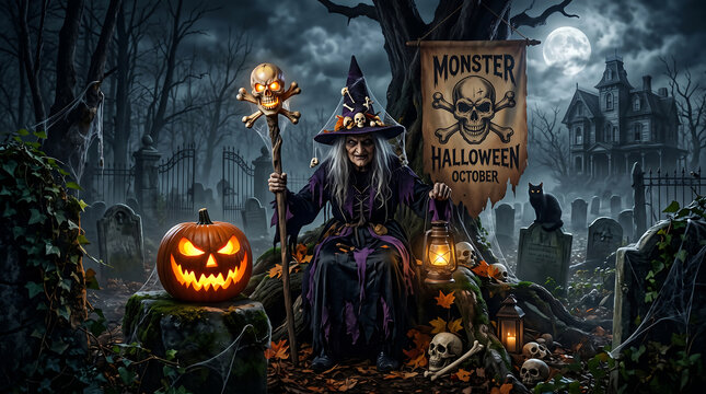 Halloween witch 3D illustration with jack o lantern pumpkin and spooky cemetery setting graveyard scary horror monster house mansion lamp skull staff magical magic sorceress hag moon night full dark
