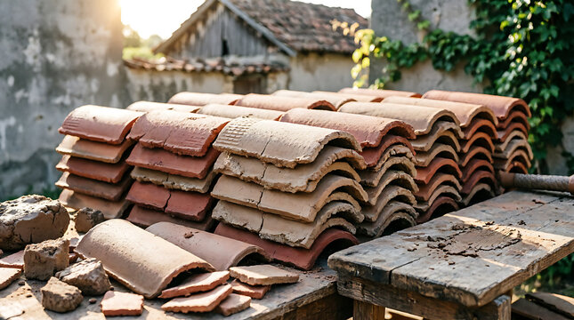 Stack of Firewood and Logs Stored Beside an Old Brick House with Red Clay Roof Tiles in a Rustic Winter Setting