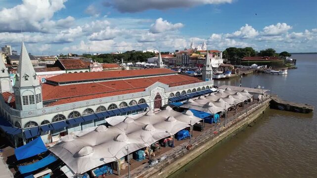 View of the historic Ver-o-Peso market in Belem, Para, Brazilian Amazon. The largest open-air market in Latin America, showcasing colonial architecture, vibrant local culture, and Amazonian commerce a