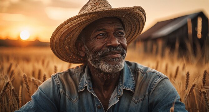 Portrait of Elderly African Farmer in Wheat Field at Sunset