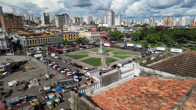 View of the historic Ver-o-Peso market in Belem, Para, Brazilian Amazon. The largest open-air market in Latin America, showcasing colonial architecture, vibrant local culture, and Amazonian commerce a