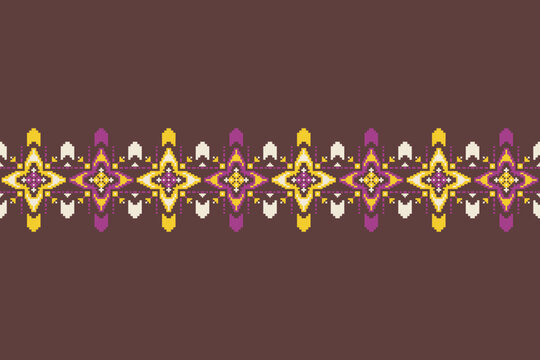 Decorative pixel art border with repeating star motifs, floral details, and symmetrical geometric elements in burgundy, magenta, yellow, and ivory on a dark brown background.