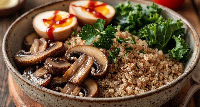 Healthy Quinoa Bowl with Saut?�ed Mushrooms, Hard Boiled Eggs and Kale