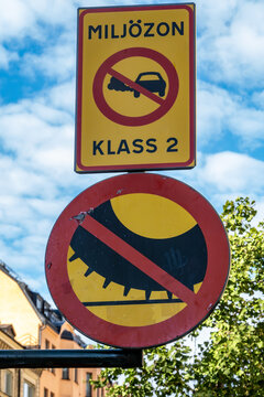 Stockholm, Sweden A street sign on Hornsgatan in the Sodermalm district forbids studded winter tires for  air quality standards.
