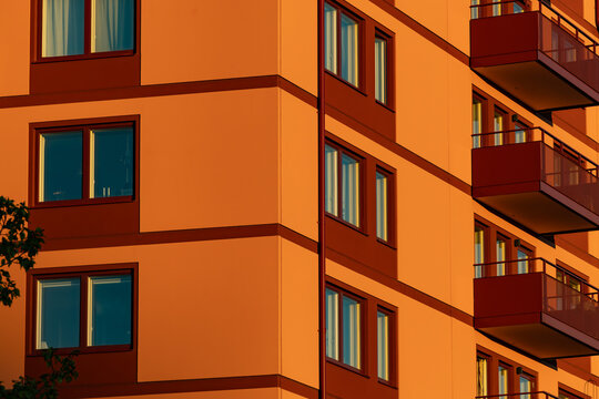 Stockholm, Sweden A sunset view of new residential apartment buildings in the Arsta Berg district.