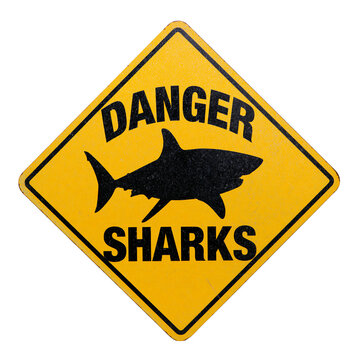 Yellow diamond-shaped warning sign with a black shark silhouette and bold text reading DANGER SHARKS, isolated icon png with transparent background. AI gen
