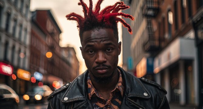 Portrait of African American Man with Red Dreadlocks in City Street