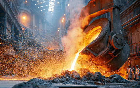 Molten Metal Pouring from Furnace in Steel Mill Industrial Foundry Production
