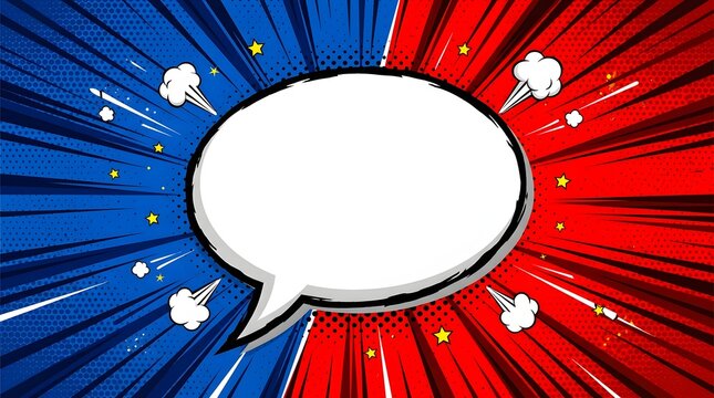 Comic speech bubble explosion with colorful background and stars