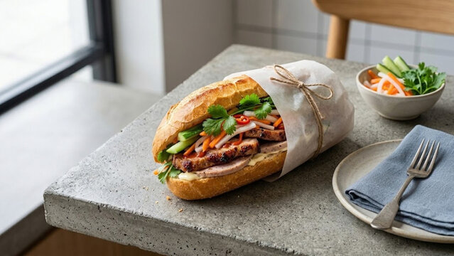 Traditional Vietnamese Banh Mi Sandwich with Grilled Pork, Pate, and Vegetables in a Cafe Setting - 1