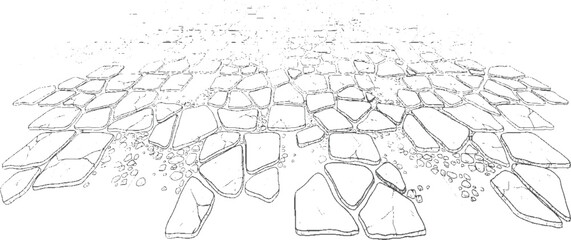 Fototapeta premium Irregular flagstone paving with scattered pebbles and a textured background, in a line style