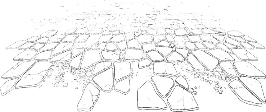 Irregular flagstone paving with scattered pebbles and a textured background, in a line style
