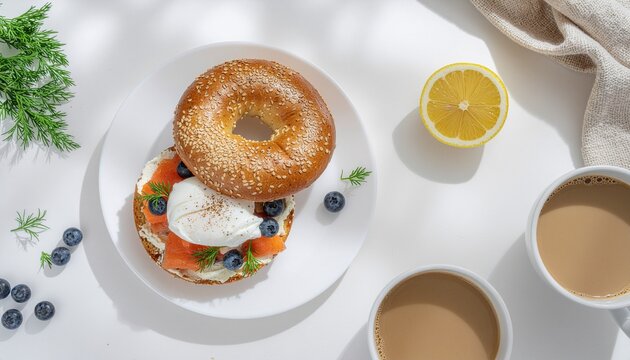 Top-down flat lay of a gourmet bagel breakfast with poached egg, fresh lemon, blueberries, avocado, dill, and coffee on a white background. Fresh and appetizing composition ideal for cafe menus