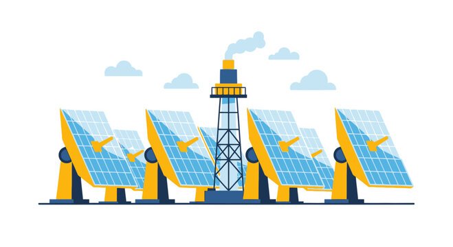 Renewable Energy Concept: Vector Illustration of a Concentrated Solar Thermal Power Plant with Heliostats and Central Receiver Tower
