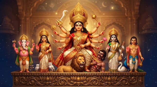 A majestic depiction of goddess durga the powerful protector surrounded by her divine children and consort
