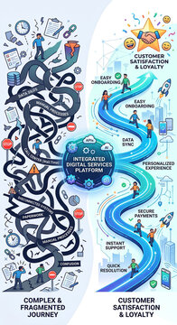 Integrated digital services platform illustration with winding pathways and icons
