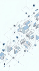 Obraz premium Isometric illustration depicts logistics network with buildings and delivery vehicles