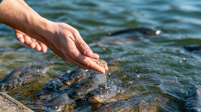 Close-up of a human hand feeding small fish with pellets in clear, rippling water