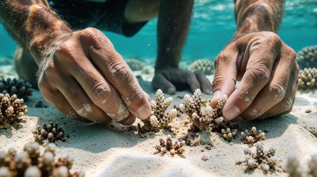Young conservationist plants coral fragments on sandy ocean floor. Marine biologist restores damaged reef ecosystem underwater. Scuba diver works on coral plantation to fight climate change, protect