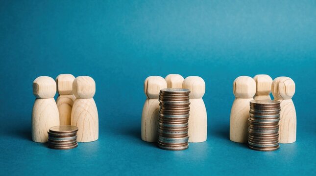 Two groups of wooden figures compare different coin stack heights on blue background. Small group low money pile larger groups show big wealth. Concept for business finance, income gap, salary