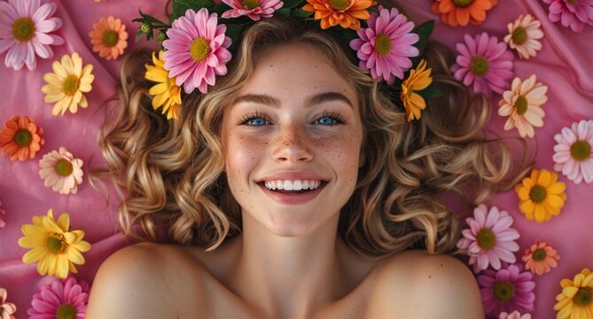 Smiling blonde woman lying among pink flowers, portrait of happy girl with flower crown and freckles on pink background