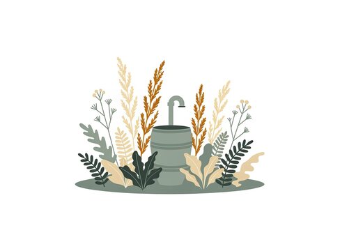 Home garden with rain barrel and native plants, sustainable landscaping