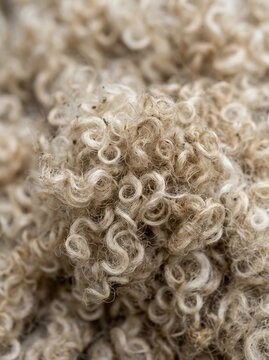 Macro shot of raw, curly sheep wool fleece texture in light beige and cream tones