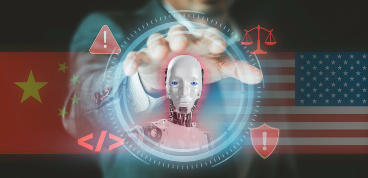 Businessman controlling AI robot between USA and China flags concept. Artificial intelligence governance, tech war, cyber security shield, ethics scale law, and threat alert.