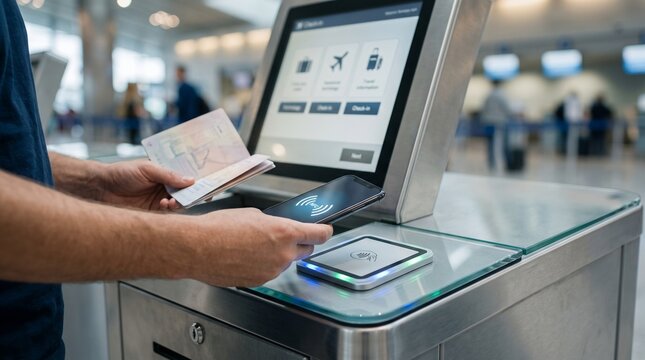 Close-Up of Traveler Using Smartphone NFC Touchless Technology for Airport Check-In with Passport