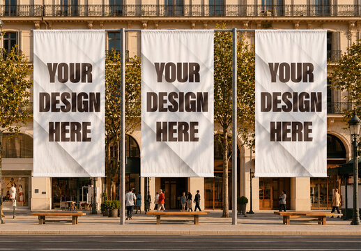 Three Large-format Vertical Banners Installed in an Outdoor Urban Environment Mockup