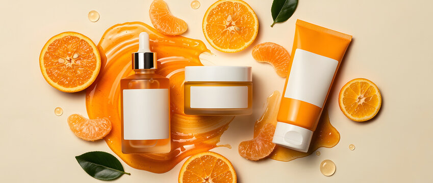 Orange slices surround various skincare bottles and tubes on a yellow background.