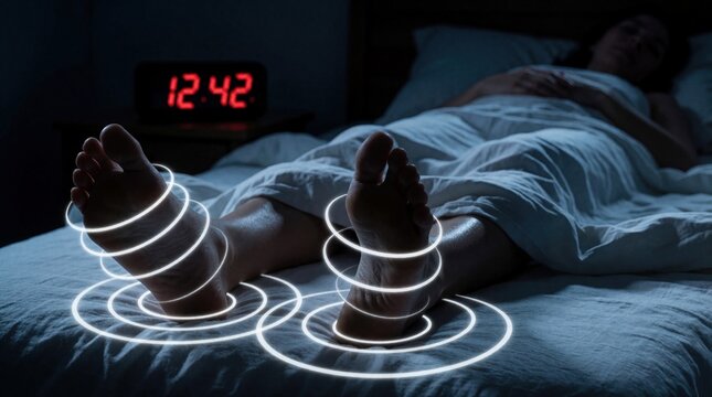 Woman suffers from restless leg syndrome in bed at night. Glowing circles show nerve pain, muscular twitching in feet. Digital clock reads late night time. Patient feels uncomfortable sensations,