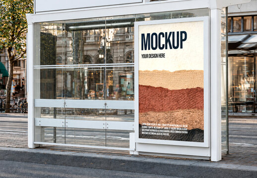 Urban Bus Shelter with Integrated Vertical Advertising Panel Mockup