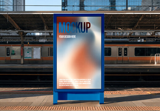 Vertical Advertising Display in a Train Station Mockup