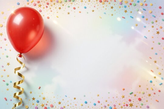 Glossy red balloon with gold ribbon floating over a soft pastel rainbow background.