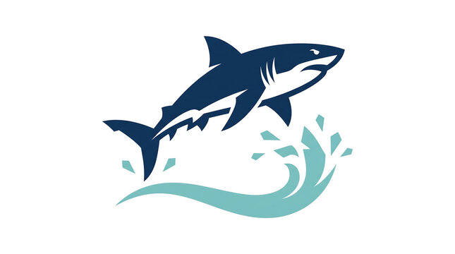 Dynamic illustration of a shark leaping out of blue ocean waves, representing power and nature.